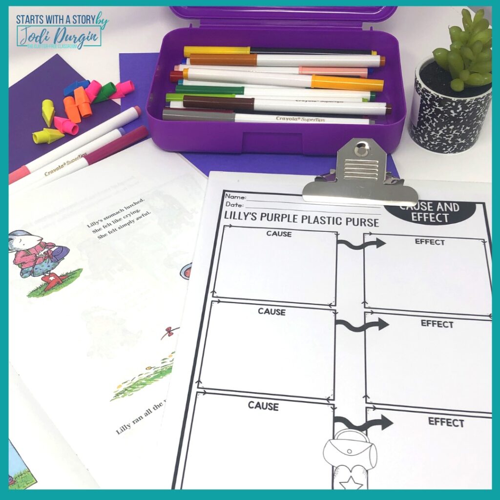 cause and effect worksheet based on the book, Lilly's Purple Plastic Purse